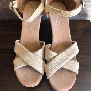 TOMS Wedge Sandals Canvas Cork Like New Sz 10
